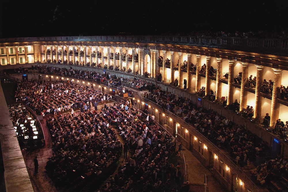 Sferisterio, the open air theatre in Macerata, in a photo by night